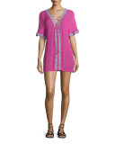 Xico Short-Sleeve Lace-Up Shirtdress, Fuchsia