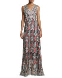 Sleeveless Wisteria-Embroidered Gown, Black/Multi
