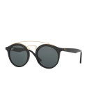 Round Monochromatic Brow-Bar Sunglasses, Black