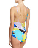 Fiore Maya Printed One-Piece Swimsuit with Ruffle, Blue Pattern