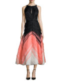 Degrade Pleated Tulle Halter Dress, Black/Coral