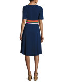 Peggy Wrap Dress w/ Striped Trim, Navy