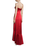 Sleeveless High-Low Satin Gown, Apple Red