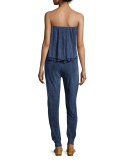 Strapless Denim-Print Ruffle-Top Jumpsuit 