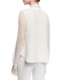 Scarf-Neck Silk Blouse w/Fringe Trim, Ivory