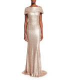 Off-The-Shoulder Sequined Gown, Blush/Ivory