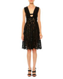 Sleeveless Plunging-Neck Lace Dress, Black