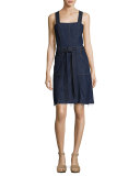 Sleeveless Belted Denim Dress, Indigo