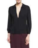 Pintucked Silk Chiffon Top, Black
