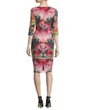 Sherilyn 3/4-Sleeve Floral Ponte Sheath Dress, Multicolor