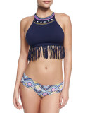 Fressia Embellished Fringe-Trim High-Neck Swim Top
