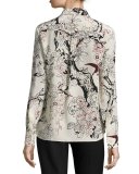 Floral Long-Sleeve Silk Blouse, Milk