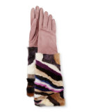 Long Suede & Mink Gloves, Blush/Multicolor
