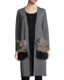 Demi Long Open Sweater w/ Fox Fur Pockets, Gray