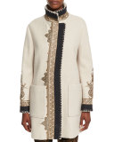 Embroidered Long Wool-Blend Coat, Ivory