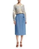 Chambray Tie-Waist Midi Wrap Skirt