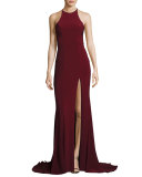 Sleeveless Open-Back Crepe Gown, Wine