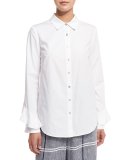 Long-Sleeve Poplin Ruffle-Trim Blouse, White