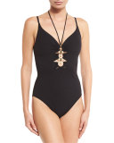Embellished Plunge-Neck One-Piece Swimsuit, Black