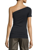 One-Shoulder Stretch-Knit Tee, Black