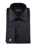 Tonal-Striped French-Cuff Dress Shirt, Black