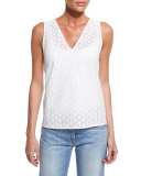 Drape V-Neck Eyelet Tank, White