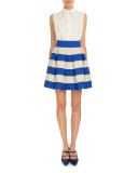 Striped Pleated A-Line Skirt, Natural/Navy