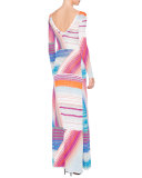 Long-Sleeve Intarsia-Striped Gown, Gray/Blue/Orange/Magenta