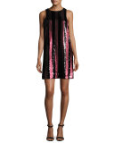 Sleeveless Paillette-Striped Mini Shift Dress, Red/Black