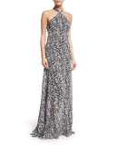 Halter-Neck Racerback Printed Gown, Black/White