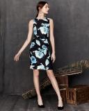 Sleeveless Floral-Print Day Dress, Black/Multi