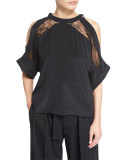 Mya Lace-Trim Voile Cold-Shoulder Top, Black