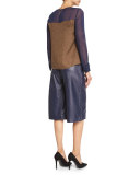 Reagan Long-Sleeve Silk Colorblock Top, Midnight/Orange/Canvas