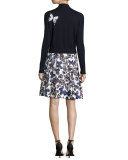 Butterfly-Appliqué Tie-Neck Cardigan, Navy