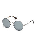Round Monochromatic Metal Sunglasses, Light Ruthenium/Havana