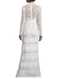 Primrose Long-Sleeve Tiered Lace Gown, White