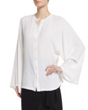 Button-Front Silk Kimono Shirt, White