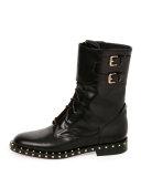 Soul Stud Rockstud Leather Moto Boot, Nero/Platino