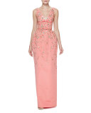 Floral-Embellished Sleeveless V-Neck Gown, Shell Pink