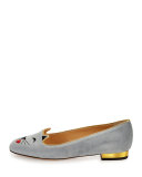 Flirty Kitty Emoji Velvet Ballerina Flat, Sky Blue