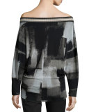 Off-The-Shoulder Long-Sleeve Printed Blouse, Black 