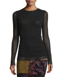Long-Sleeve Semisheer Crewneck Top, Black