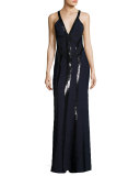 Sequined Sleeveless Deep V Gown, Pacific Blue