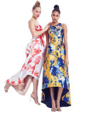 Strapless Floral-Print High-Low Midi Dress