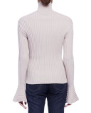 Trumpet-Sleeve Ribbed Pullover, Beige