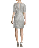 Half-Sleeve Sequined-Lace Dress, Platinum