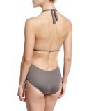 Brena Plunging Halter Ruched-Side Maillot, Taupe