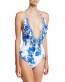 Embellished Plunging V-Neck Halter One-Piece Swimsuit, Ring of Roses