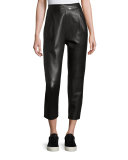 Leather Single-Pleat Cropped Pants, Black