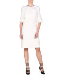 Trumpet-Sleeve Dress W/Floral Appliqué, White 